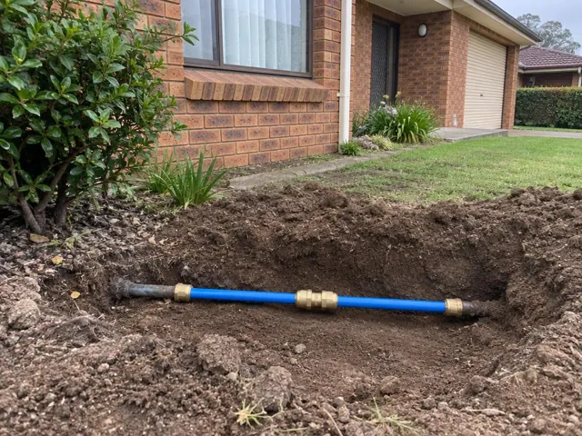 Exposed blue water pipe repaired in a dirt trench beside a brick house in Minchinbury